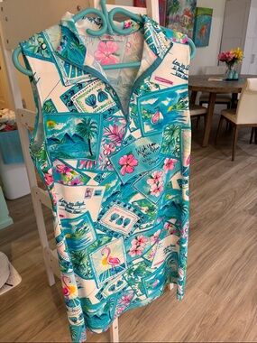 Sleeveless Tropical Postcard Print Dress in Teal & Pink